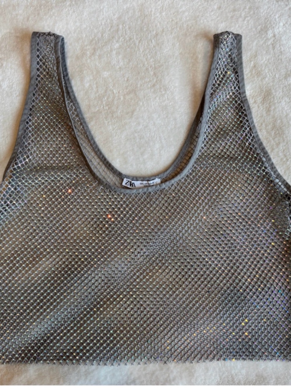 Zara Iridescent Silver Mesh Crop Tank